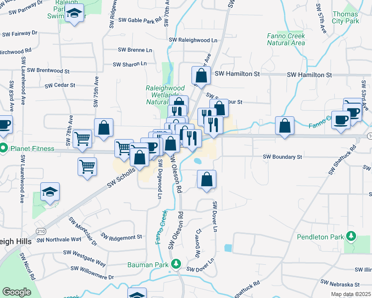 map of restaurants, bars, coffee shops, grocery stores, and more near 6750 Southwest Beaverton Hillsdale Highway in Portland