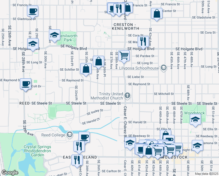 map of restaurants, bars, coffee shops, grocery stores, and more near 5105 Southeast 37th Avenue in Portland
