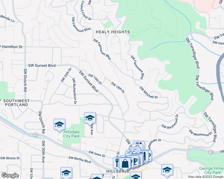 map of restaurants, bars, coffee shops, grocery stores, and more near 5100 Southwest 19th Drive in Portland