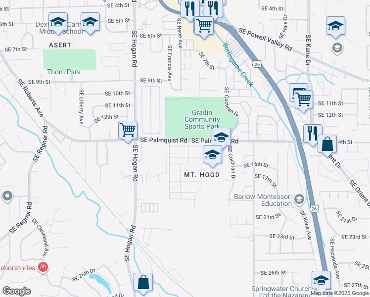 map of restaurants, bars, coffee shops, grocery stores, and more near 2306 Southeast 16th Alley in Gresham