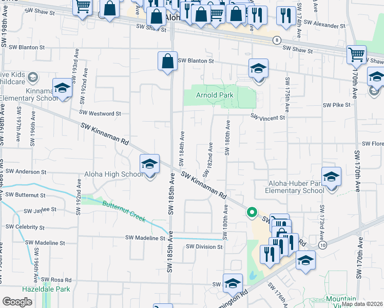 map of restaurants, bars, coffee shops, grocery stores, and more near 4620 Southwest 183rd Court in Aloha