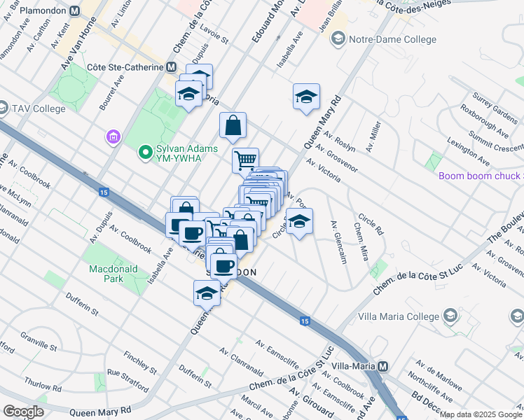 map of restaurants, bars, coffee shops, grocery stores, and more near 4965 Chemin Queen Mary in Montréal