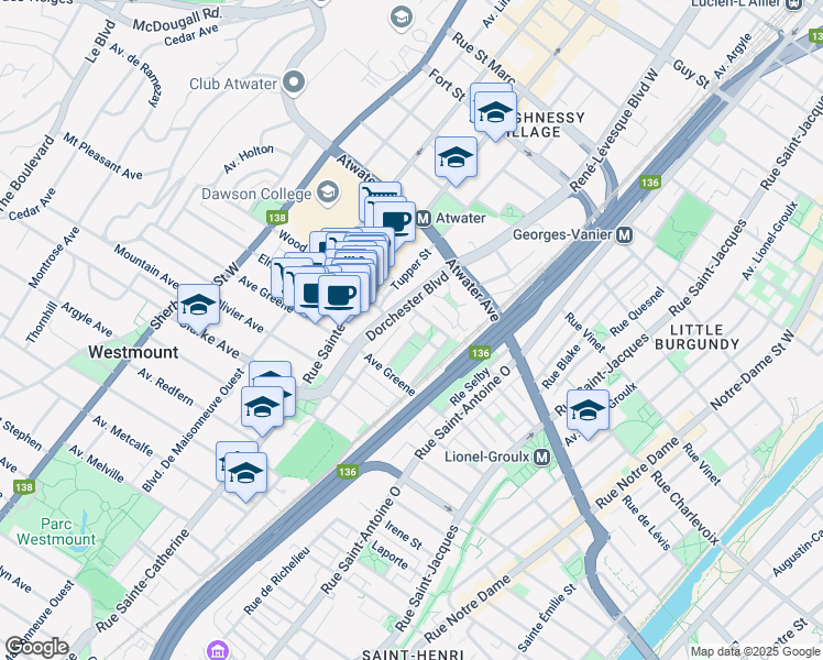 map of restaurants, bars, coffee shops, grocery stores, and more near 19 Rue Staynor in Westmount