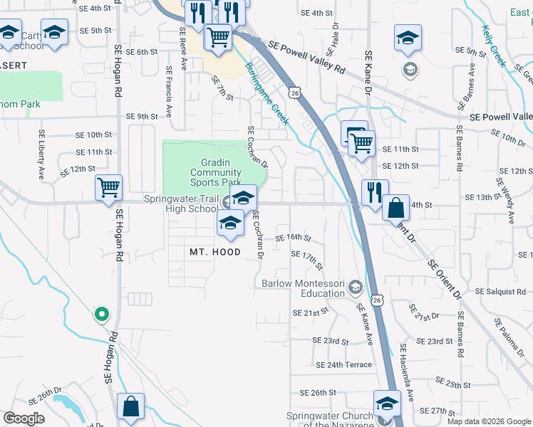 map of restaurants, bars, coffee shops, grocery stores, and more near 1559 Southeast Dexter Lane in Gresham