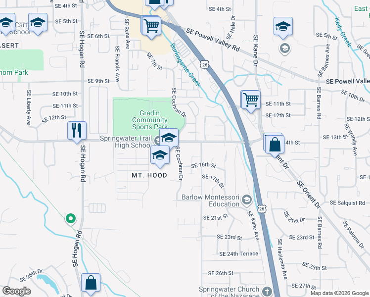 map of restaurants, bars, coffee shops, grocery stores, and more near 1559 Southeast Dexter Lane in Gresham