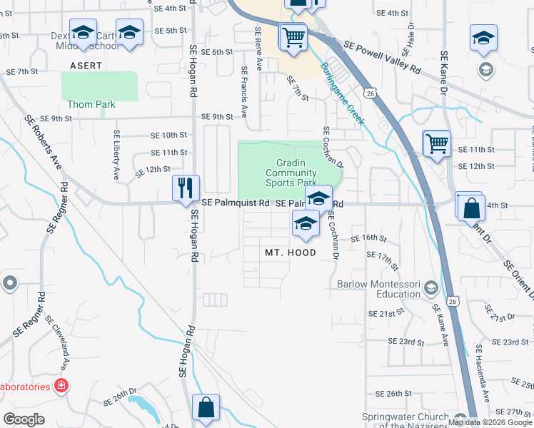 map of restaurants, bars, coffee shops, grocery stores, and more near 2306 Southeast 16th Alley in Gresham