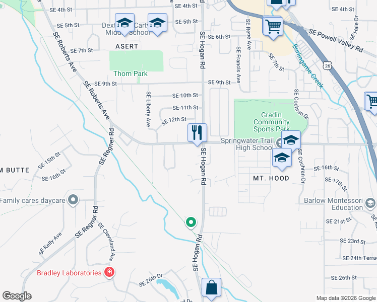 map of restaurants, bars, coffee shops, grocery stores, and more near 1625 Southeast Hogan Road in Gresham