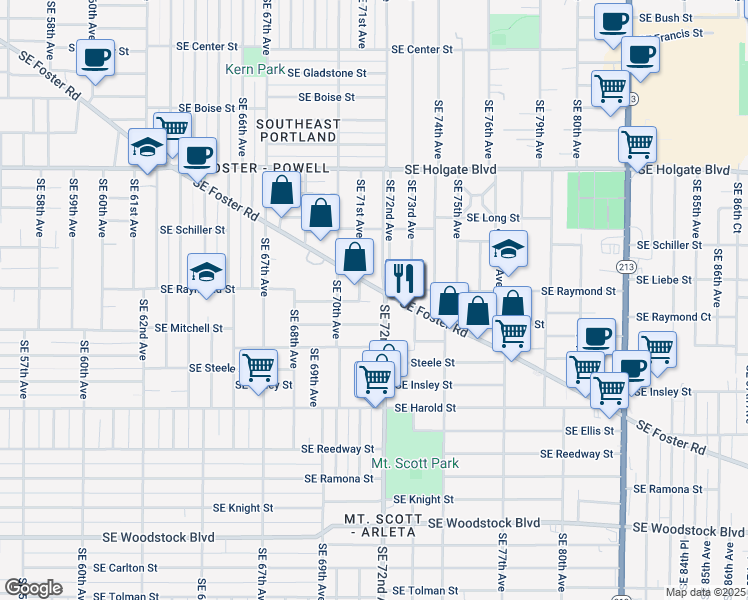 map of restaurants, bars, coffee shops, grocery stores, and more near 7238 Southeast Foster Road in Portland