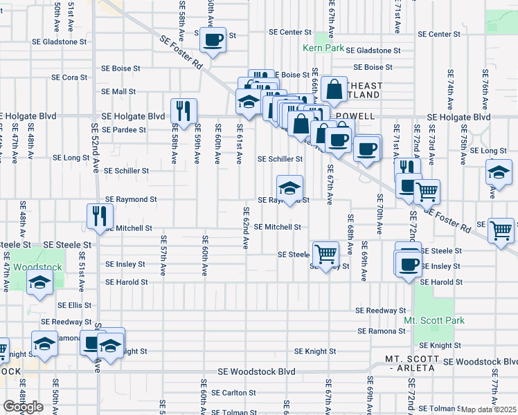 map of restaurants, bars, coffee shops, grocery stores, and more near 5036 Southeast 62nd Avenue in Portland
