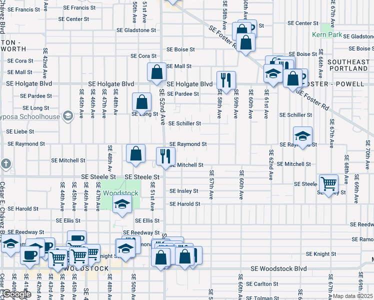 map of restaurants, bars, coffee shops, grocery stores, and more near 5410 Southeast Raymond Street in Portland