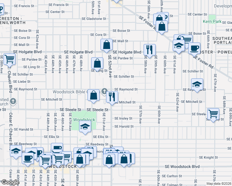 map of restaurants, bars, coffee shops, grocery stores, and more near 5118 Southeast 52nd Avenue in Portland