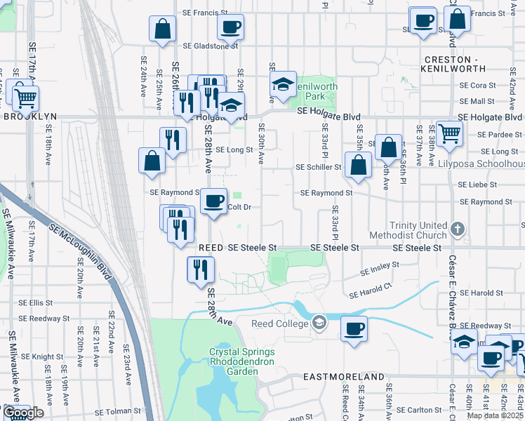 map of restaurants, bars, coffee shops, grocery stores, and more near 5108 Southeast 30th Avenue in Portland