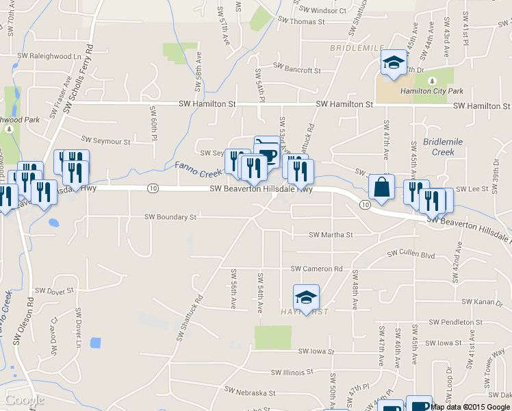 map of restaurants, bars, coffee shops, grocery stores, and more near 5113 Southwest Shattuck Road in Portland