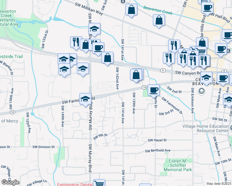 map of restaurants, bars, coffee shops, grocery stores, and more near 14250 Southwest Farmington Road in Beaverton