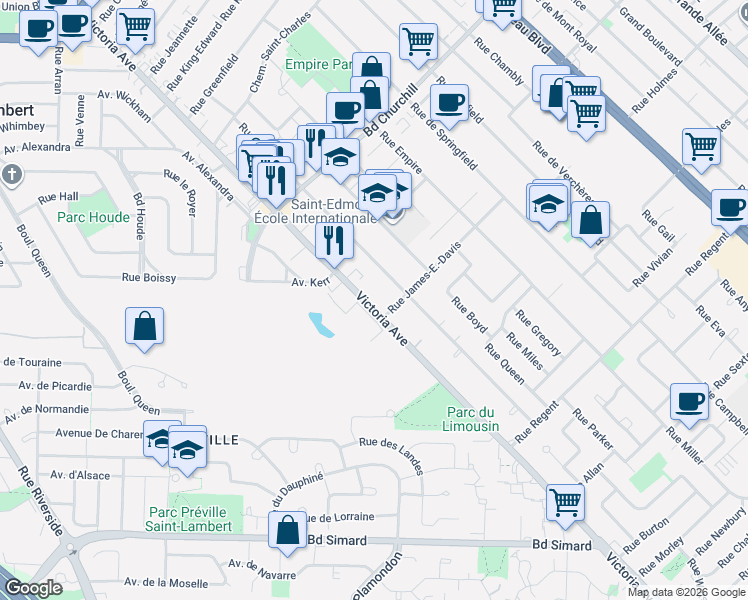 map of restaurants, bars, coffee shops, grocery stores, and more near 1600 Victoria Avenue in Longueuil