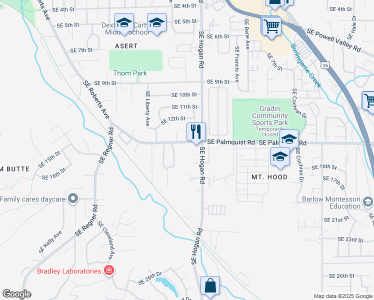map of restaurants, bars, coffee shops, grocery stores, and more near 1590 Southeast Roberts Drive in Gresham