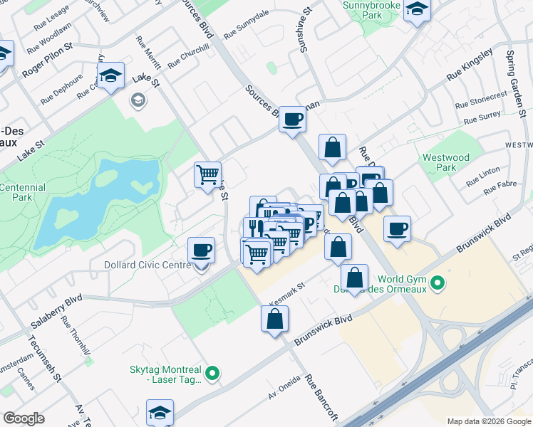 map of restaurants, bars, coffee shops, grocery stores, and more near 131 Rue de Madrid in Dollard-des-Ormeaux