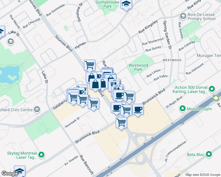 map of restaurants, bars, coffee shops, grocery stores, and more near 3347 Boulevard des Sources in Dollard-des-Ormeaux