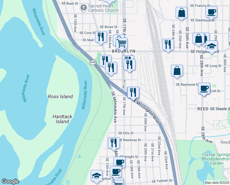 map of restaurants, bars, coffee shops, grocery stores, and more near 5101 Southeast 17th Avenue in Portland