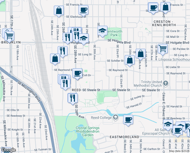 map of restaurants, bars, coffee shops, grocery stores, and more near 5104 Southeast 30th Avenue in Portland