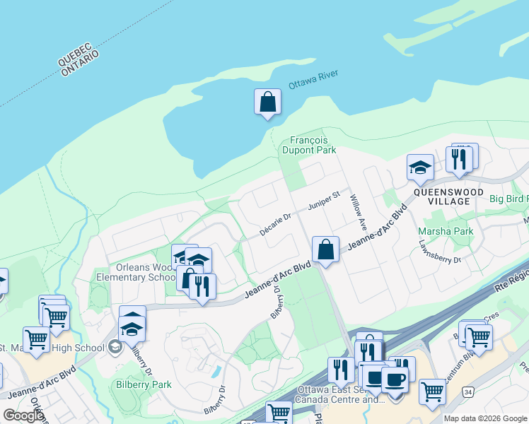 map of restaurants, bars, coffee shops, grocery stores, and more near 1034 Deauville Crescent in Ottawa