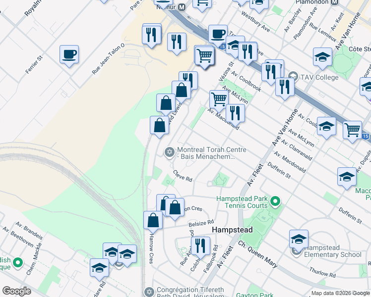map of restaurants, bars, coffee shops, grocery stores, and more near 19 Rue Cleve in Hampstead