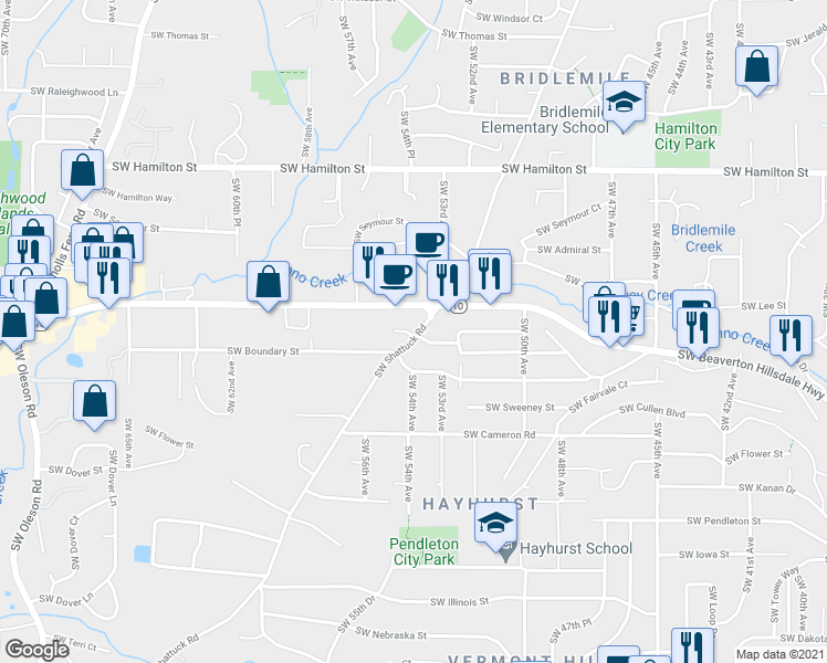 map of restaurants, bars, coffee shops, grocery stores, and more near 5113 Southwest Shattuck Road in Portland