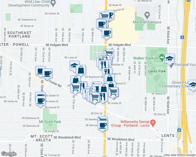 map of restaurants, bars, coffee shops, grocery stores, and more near 8104 Southeast Raymond Street in Portland