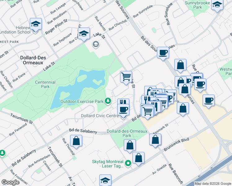 map of restaurants, bars, coffee shops, grocery stores, and more near 141 Rue Donnacona in Dollard-des-Ormeaux