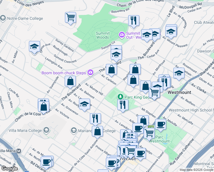 map of restaurants, bars, coffee shops, grocery stores, and more near 8 Avenue Grenville in Westmount