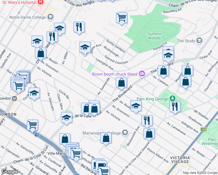 map of restaurants, bars, coffee shops, grocery stores, and more near 730 Avenue Upper Lansdowne in Westmount