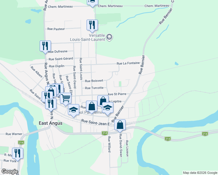 map of restaurants, bars, coffee shops, grocery stores, and more near 106 Rue Saint-Pierre in East Angus
