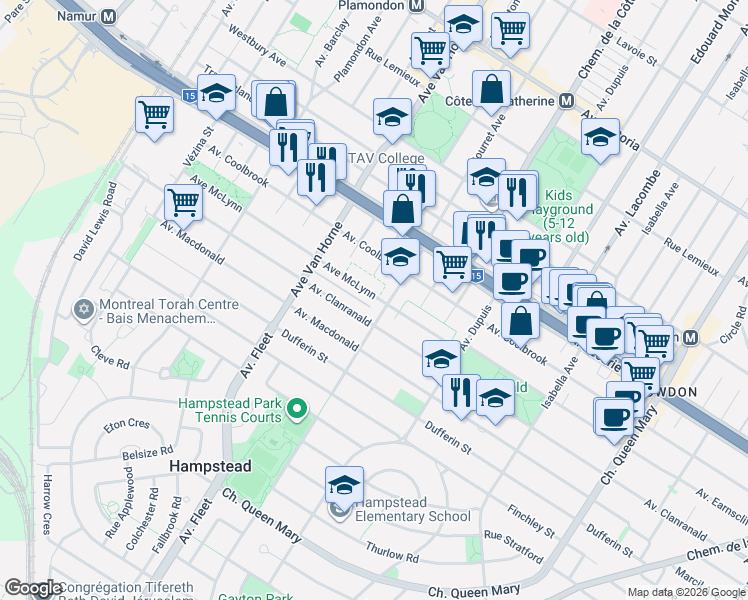 map of restaurants, bars, coffee shops, grocery stores, and more near 5816 Avenue McLynn in Montreal