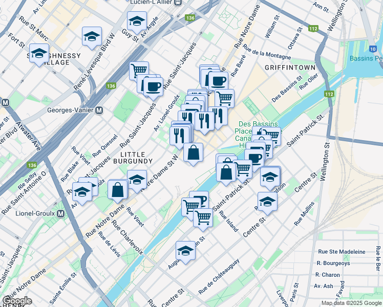 map of restaurants, bars, coffee shops, grocery stores, and more near 1957 Rue Hunter in Montréal