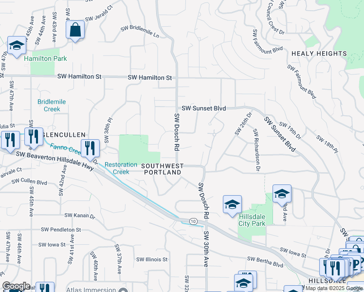 map of restaurants, bars, coffee shops, grocery stores, and more near 5133 Southwest Dosch Road in Portland