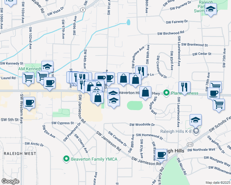 map of restaurants, bars, coffee shops, grocery stores, and more near 9000 Southwest Beaverton Hillsdale Highway in Portland