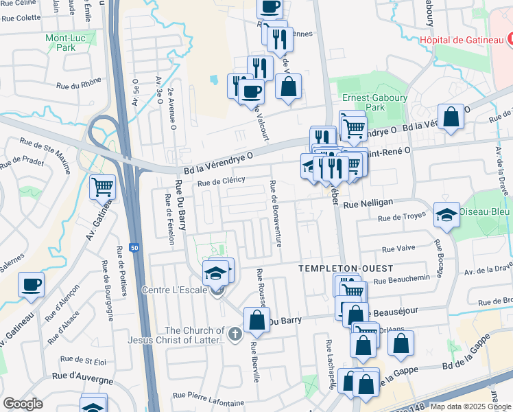 map of restaurants, bars, coffee shops, grocery stores, and more near 44 Rue de Dubuisson in Gatineau