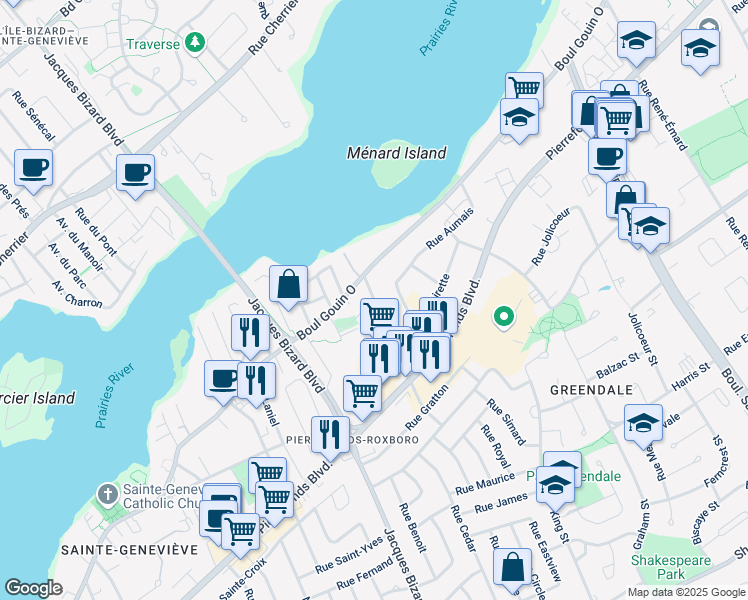 map of restaurants, bars, coffee shops, grocery stores, and more near Rue Saint Hyacinthe in Montréal