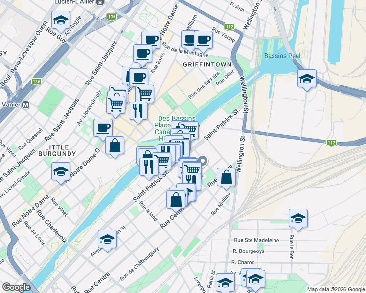 map of restaurants, bars, coffee shops, grocery stores, and more near 1673 Rue Saint-Patrick in Montréal