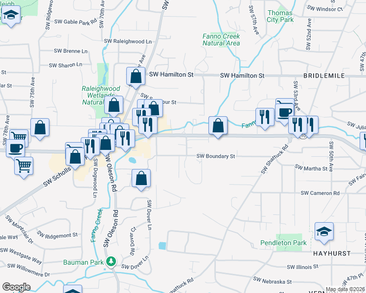 map of restaurants, bars, coffee shops, grocery stores, and more near 5207 Southwest 62nd Avenue in Portland