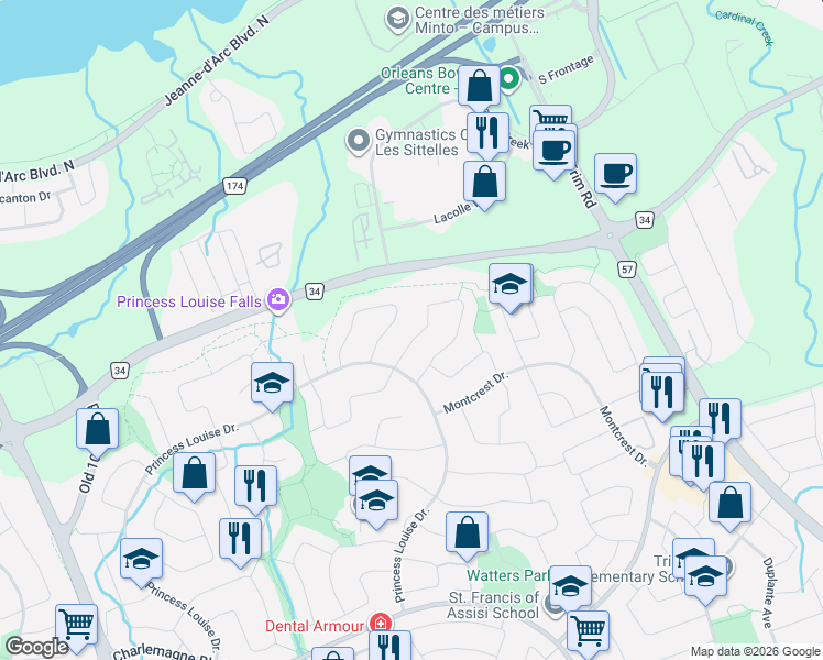 map of restaurants, bars, coffee shops, grocery stores, and more near 747 Hauteview Crescent in Ottawa