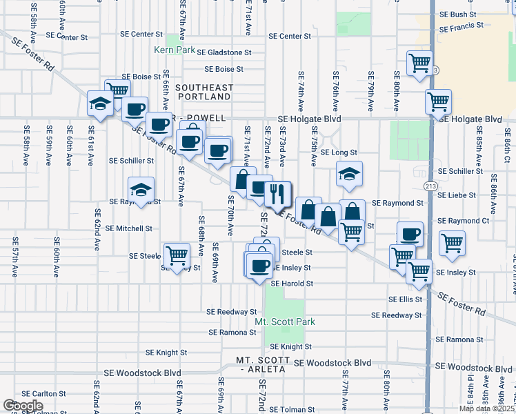 map of restaurants, bars, coffee shops, grocery stores, and more near 5005 Southeast 72nd Avenue in Portland