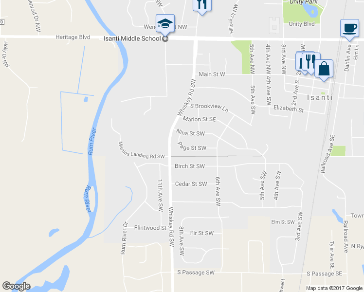 map of restaurants, bars, coffee shops, grocery stores, and more near 808 Page Street Southwest in Isanti