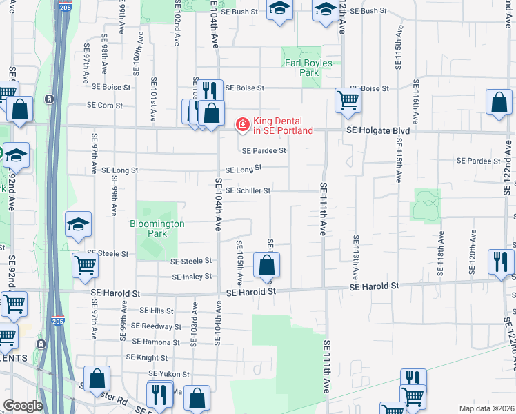 map of restaurants, bars, coffee shops, grocery stores, and more near 4949 Southeast 108th Avenue in Portland