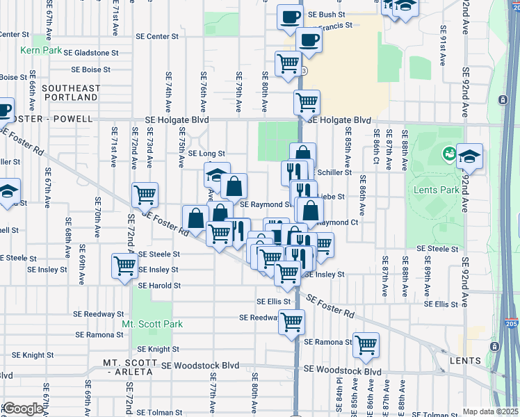 map of restaurants, bars, coffee shops, grocery stores, and more near 7931 Southeast Raymond Court in Portland