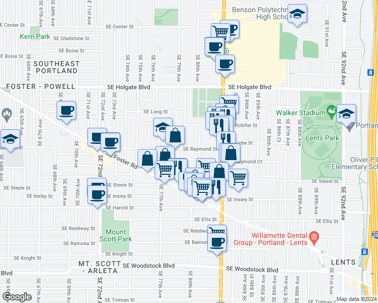 map of restaurants, bars, coffee shops, grocery stores, and more near 7931 Southeast Raymond Court in Portland