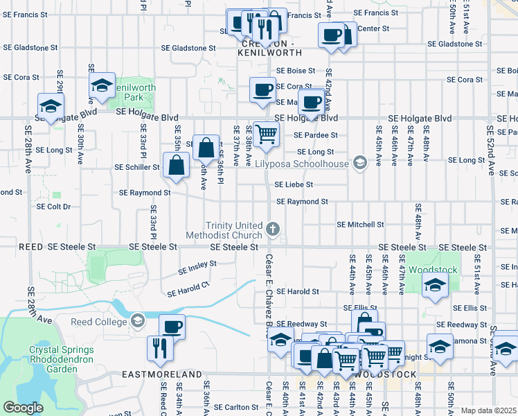 map of restaurants, bars, coffee shops, grocery stores, and more near 5112 Southeast 38th Avenue in Portland