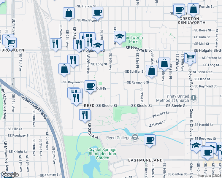map of restaurants, bars, coffee shops, grocery stores, and more near 1327 Southeast Long Street in Portland