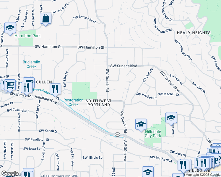 map of restaurants, bars, coffee shops, grocery stores, and more near 5133 Southwest Dosch Road in Portland