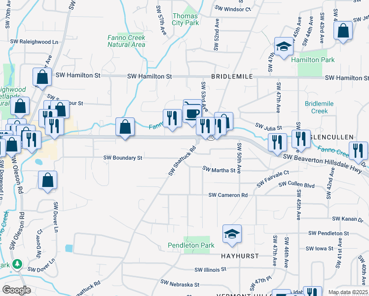 map of restaurants, bars, coffee shops, grocery stores, and more near 5113 Southwest Shattuck Road in Portland